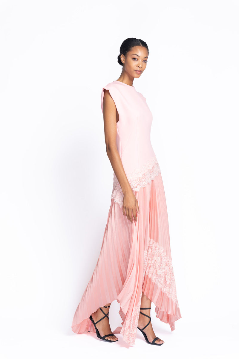 Peony Cady and Twill Dress with Pleated Skirt and Chantilly Lace Trim 3