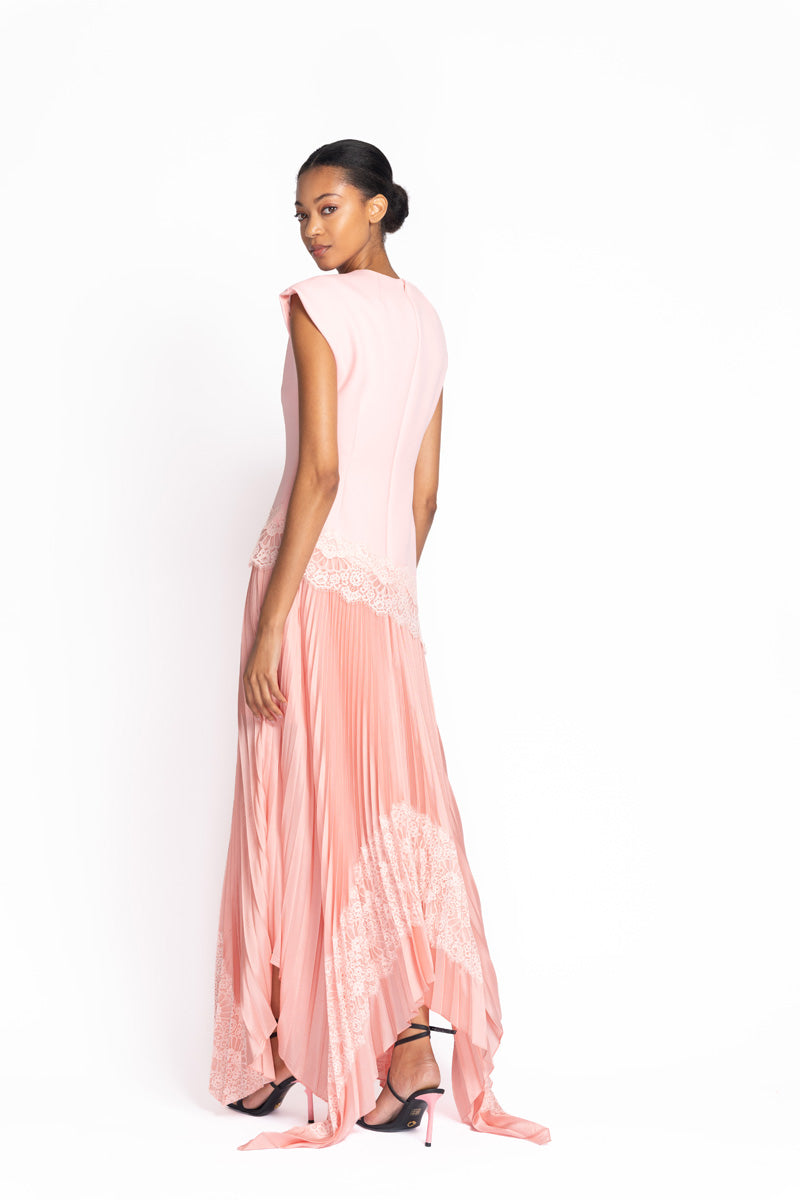 Peony Cady and Twill Dress with Pleated Skirt and Chantilly Lace Trim 4