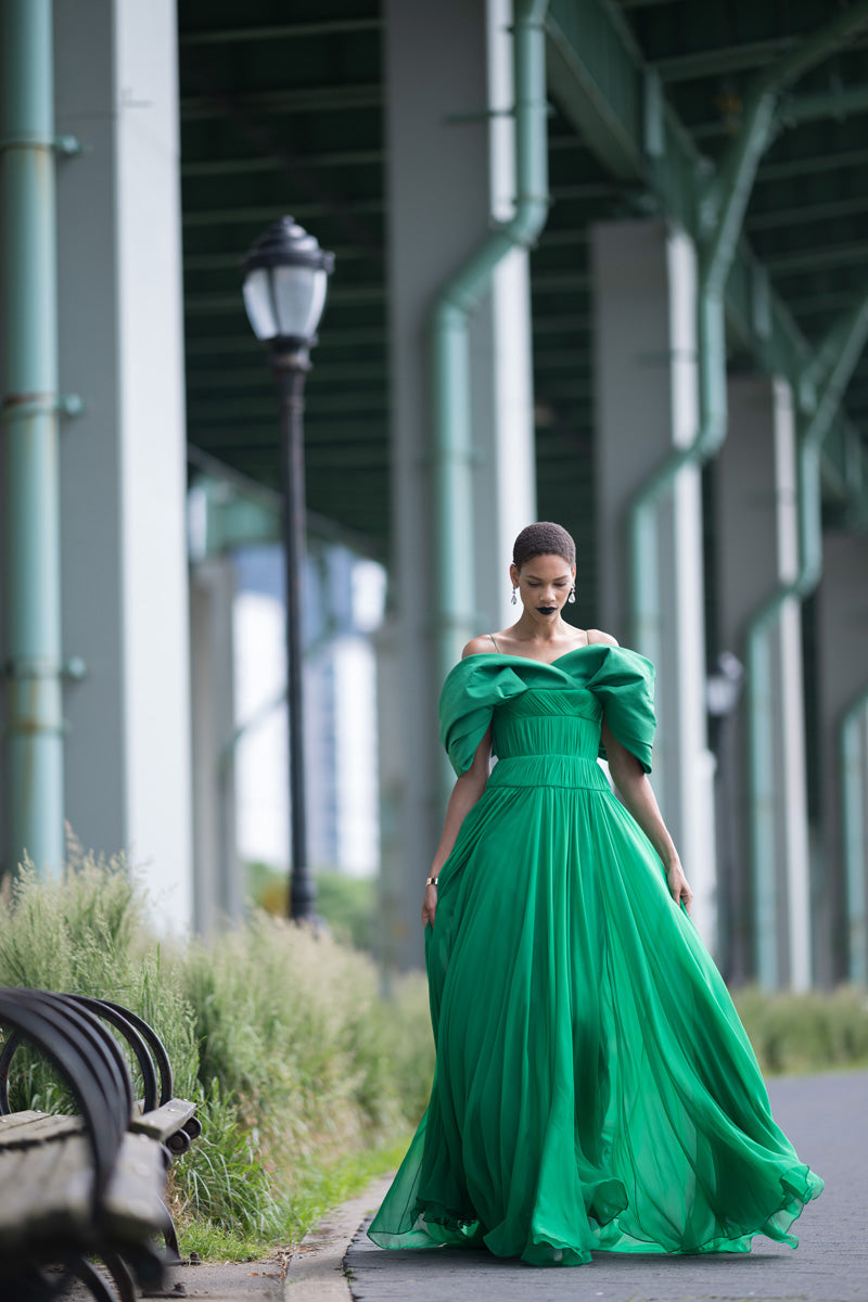 Silk Pleated Chiffon Gown With Off The Shoulder Petal Faille Drape 1