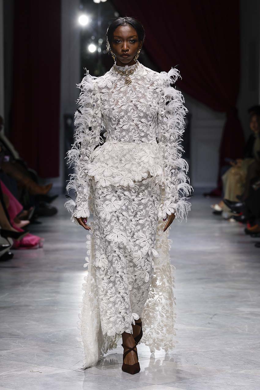 Ivory Padma Lace Pencil Skirt Front Runway