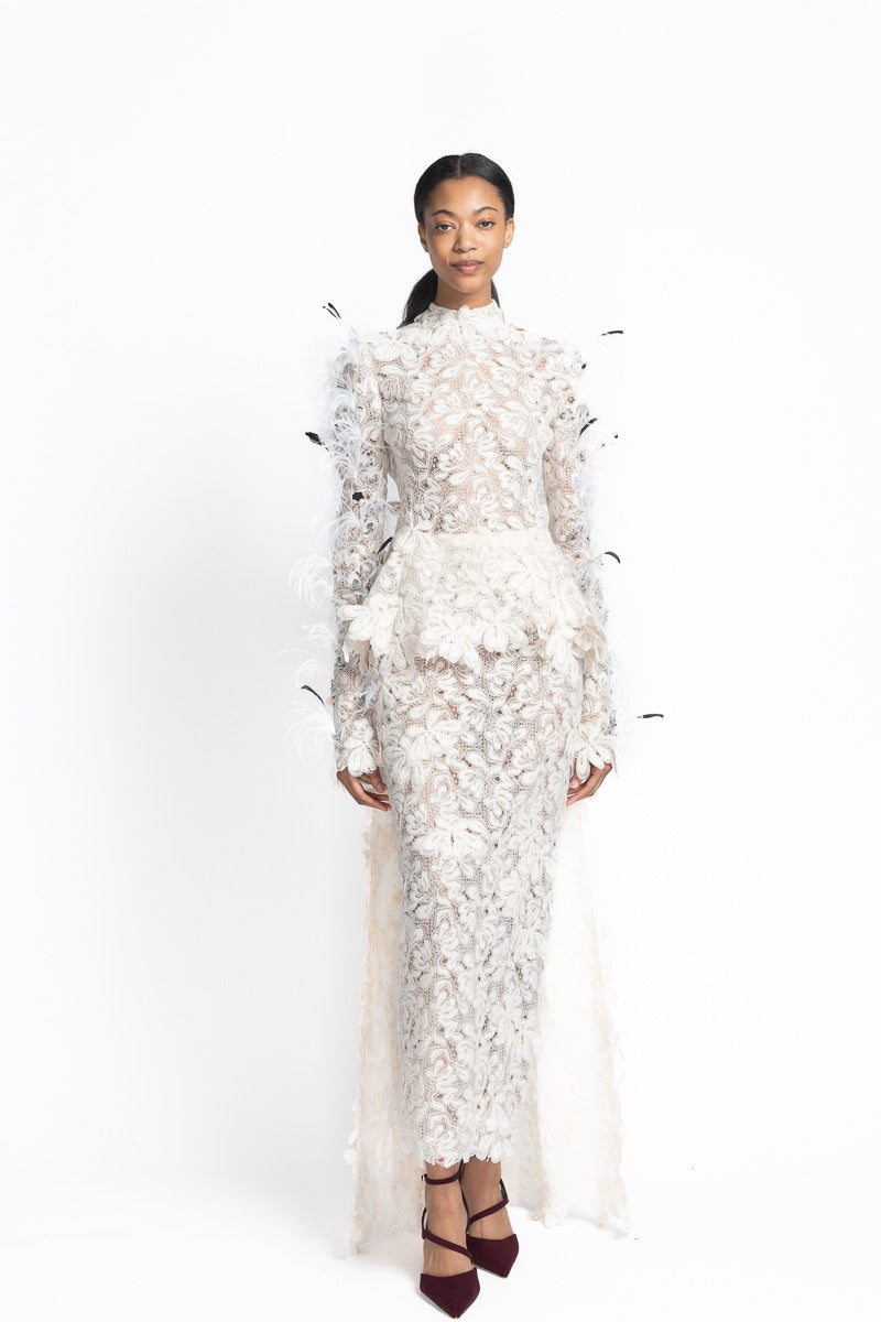 Ivory Padma Lace Top with Peplum Train and Pañjara Embroidery