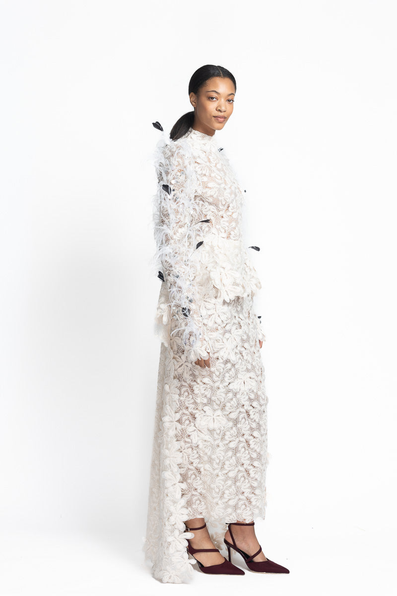 Ivory Padma Lace Top with Peplum Train and Pañjara Embroidery