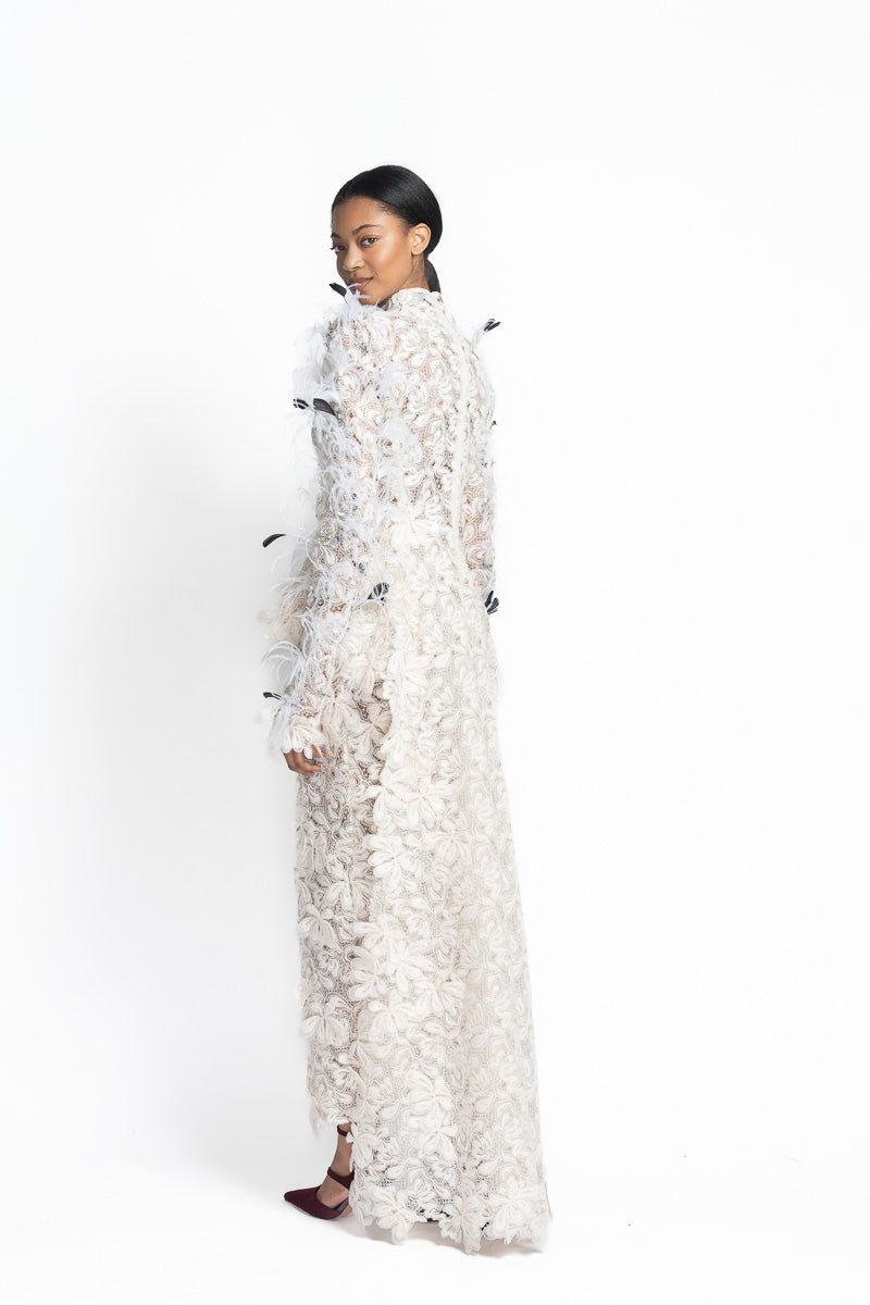 Ivory Padma Lace Top with Peplum Train and Pañjara Embroidery