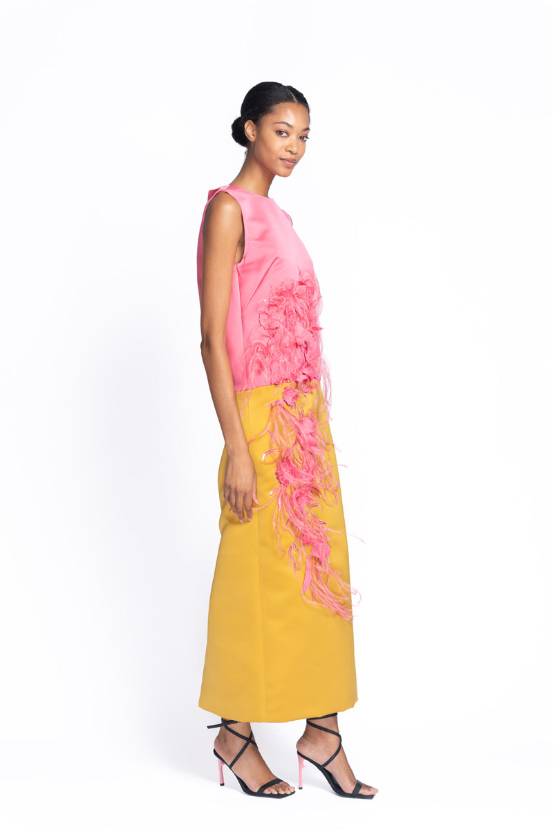 Rosella Vine Embroidered Rose and Marigold Double Duchess Sheath Dress 3
