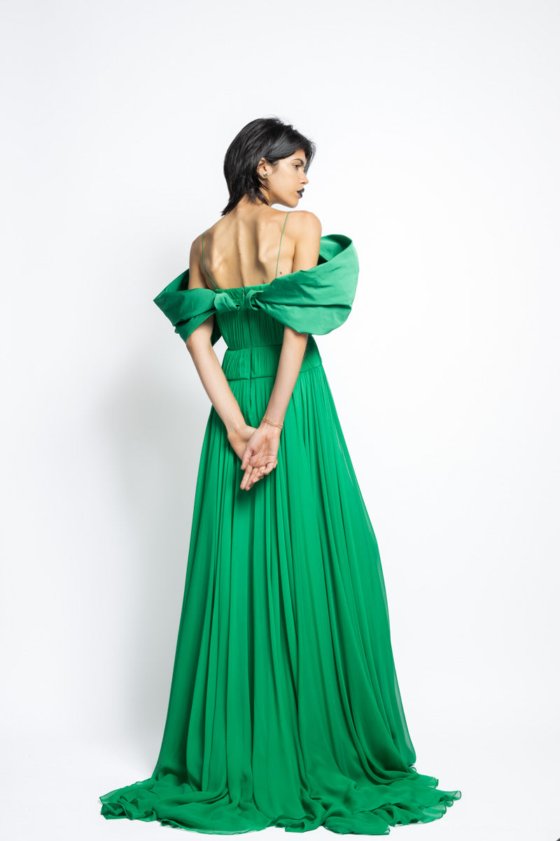 Silk Pleated Chiffon Gown With Off The Shoulder Petal Faille Drape 9