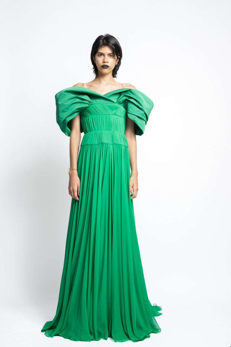 Silk Pleated Chiffon Gown With Off The Shoulder Petal Faille Drape 2