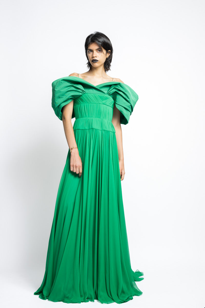 Silk Pleated Chiffon Gown With Off The Shoulder Petal Faille Drape 3