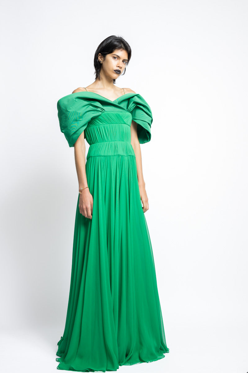 Silk Pleated Chiffon Gown With Off The Shoulder Petal Faille Drape 4