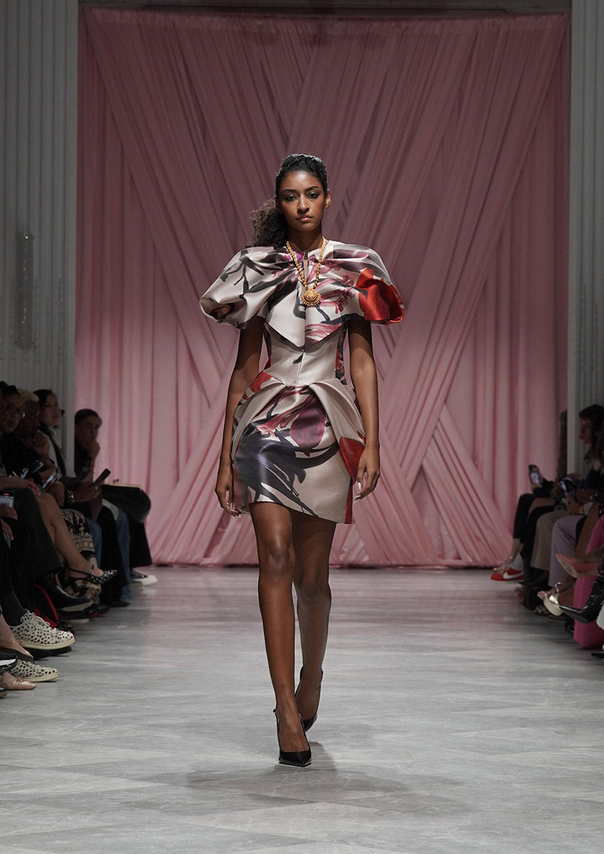 Rose Lata Print Barathea Mini Dress with Moulded Details 1