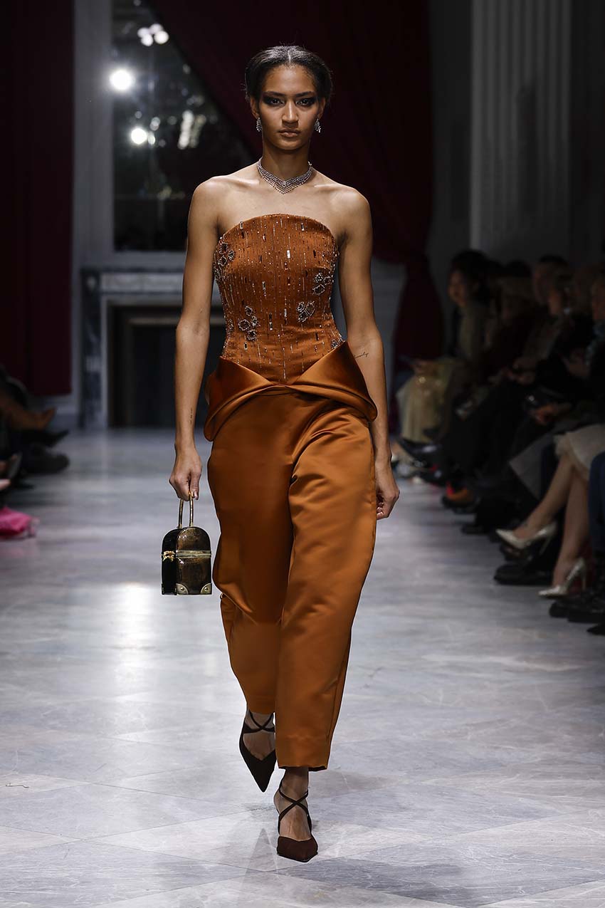 Copper Double Duchess Trousers Front Runway