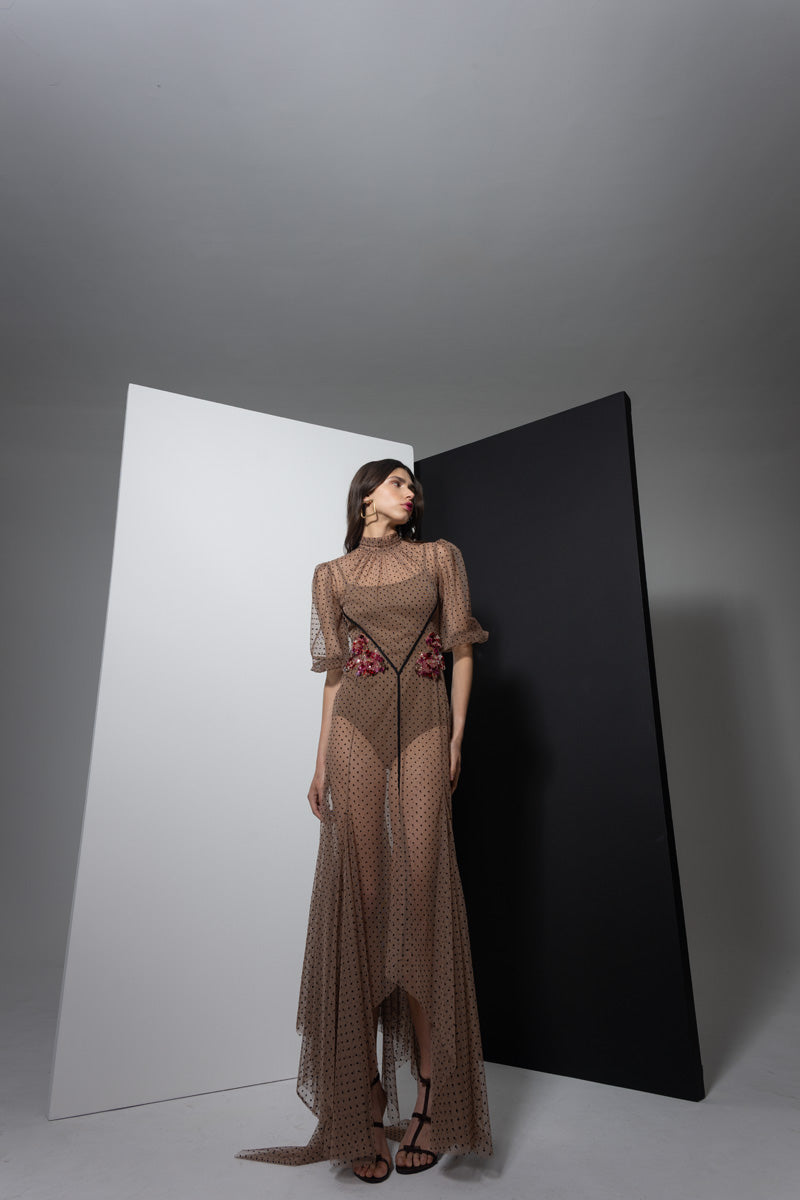 Toffee Point d’Esprit Sheer High Neck Gown with Crystal Fleur Embroidery Front Runway