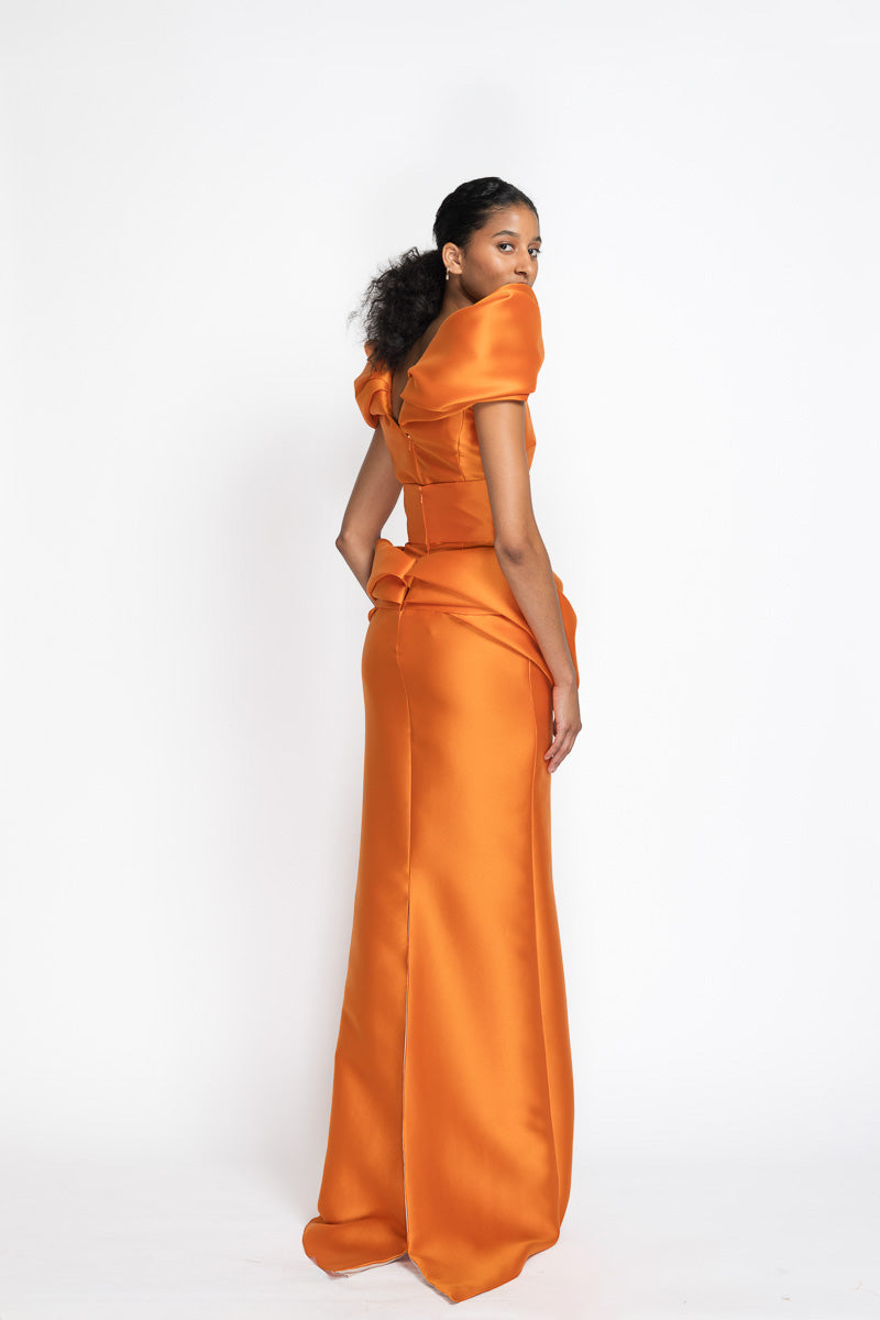 Tangerine Gazar Skirt with Petal Drape 6