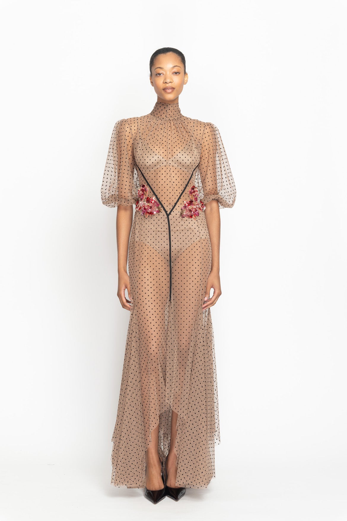 Toffee Point d’Esprit Sheer High Neck Gown with Crystal Fleur Embroidery Front