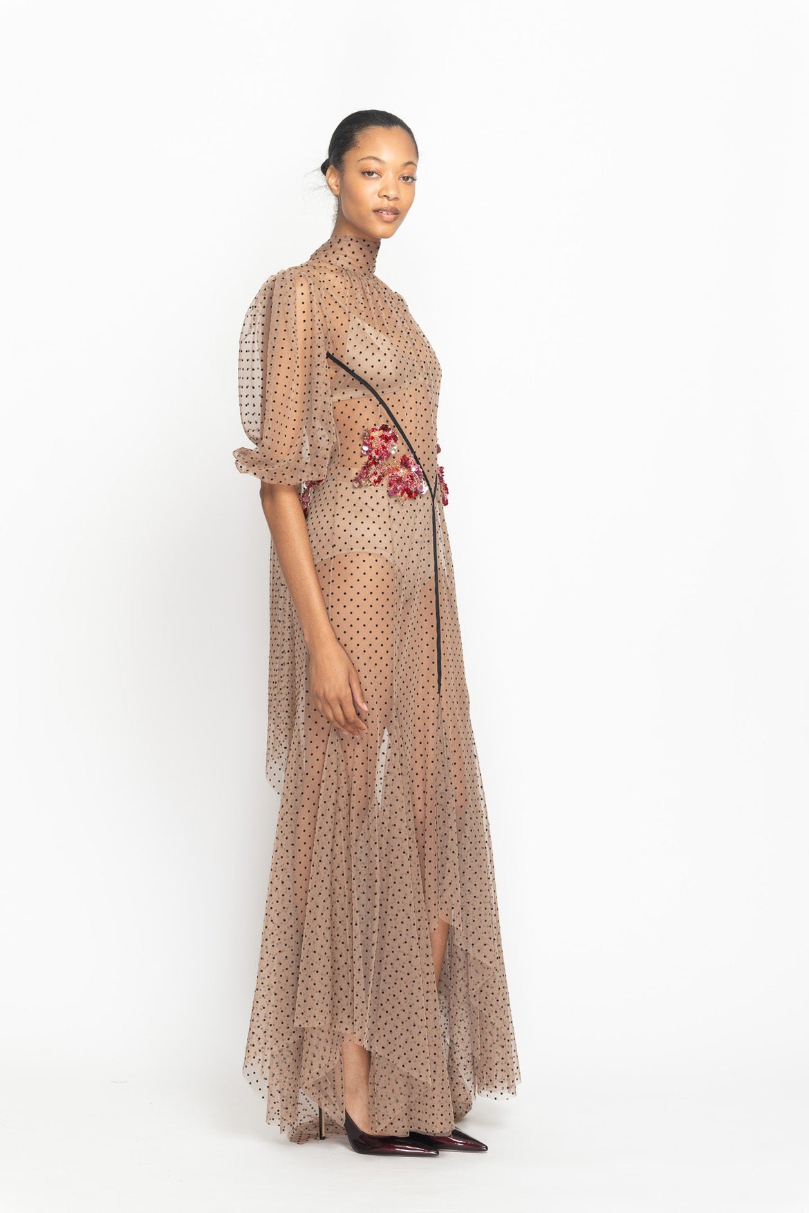 Toffee Point d’Esprit Sheer High Neck Gown with Crystal Fleur Embroidery Side One