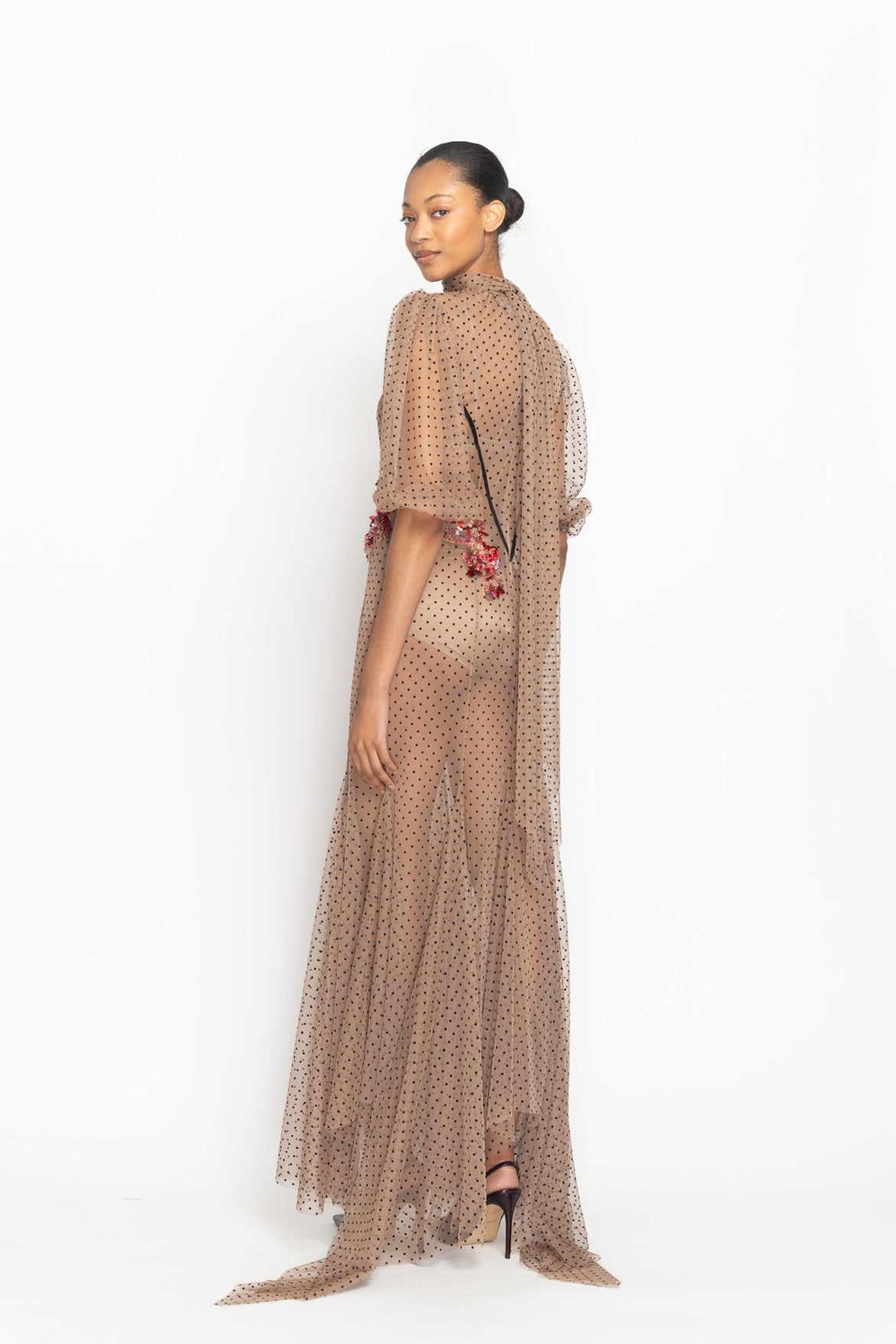 Toffee Point d’Esprit Sheer High Neck Gown with Crystal Fleur Embroidery Side Two