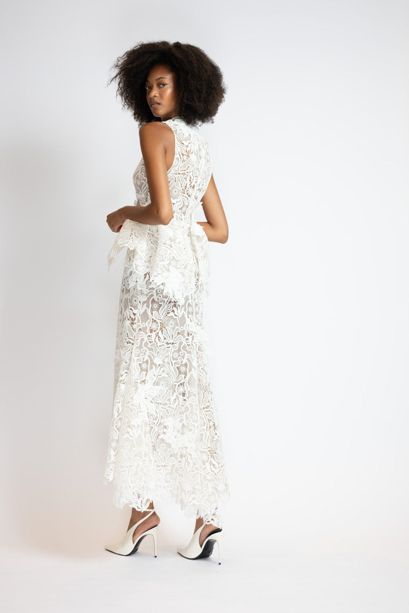 White Nomad Lace Dress With Sculpted Peplum 7