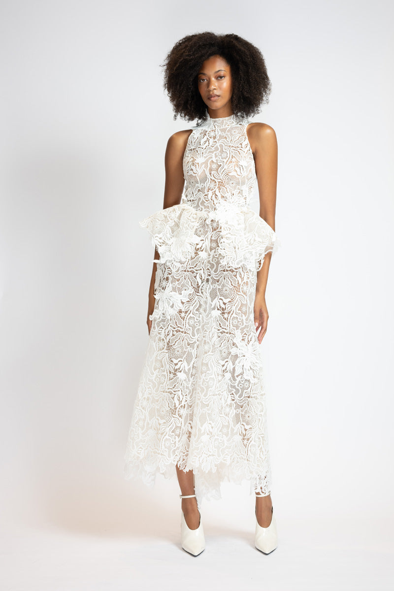 White Nomad Lace Dress With Sculpted Peplum 2