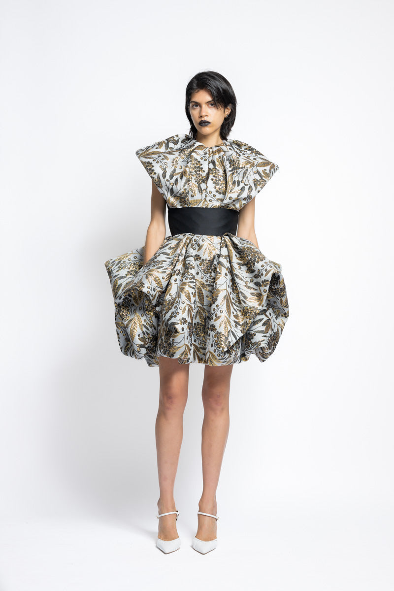 Gilded Bay Leaf Jacquard Pouf Mini Skirt With Corset Waist 2