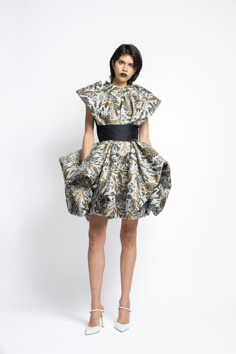 Gilded Bay Leaf Jacquard Pouf Mini Skirt With Corset Waist 3