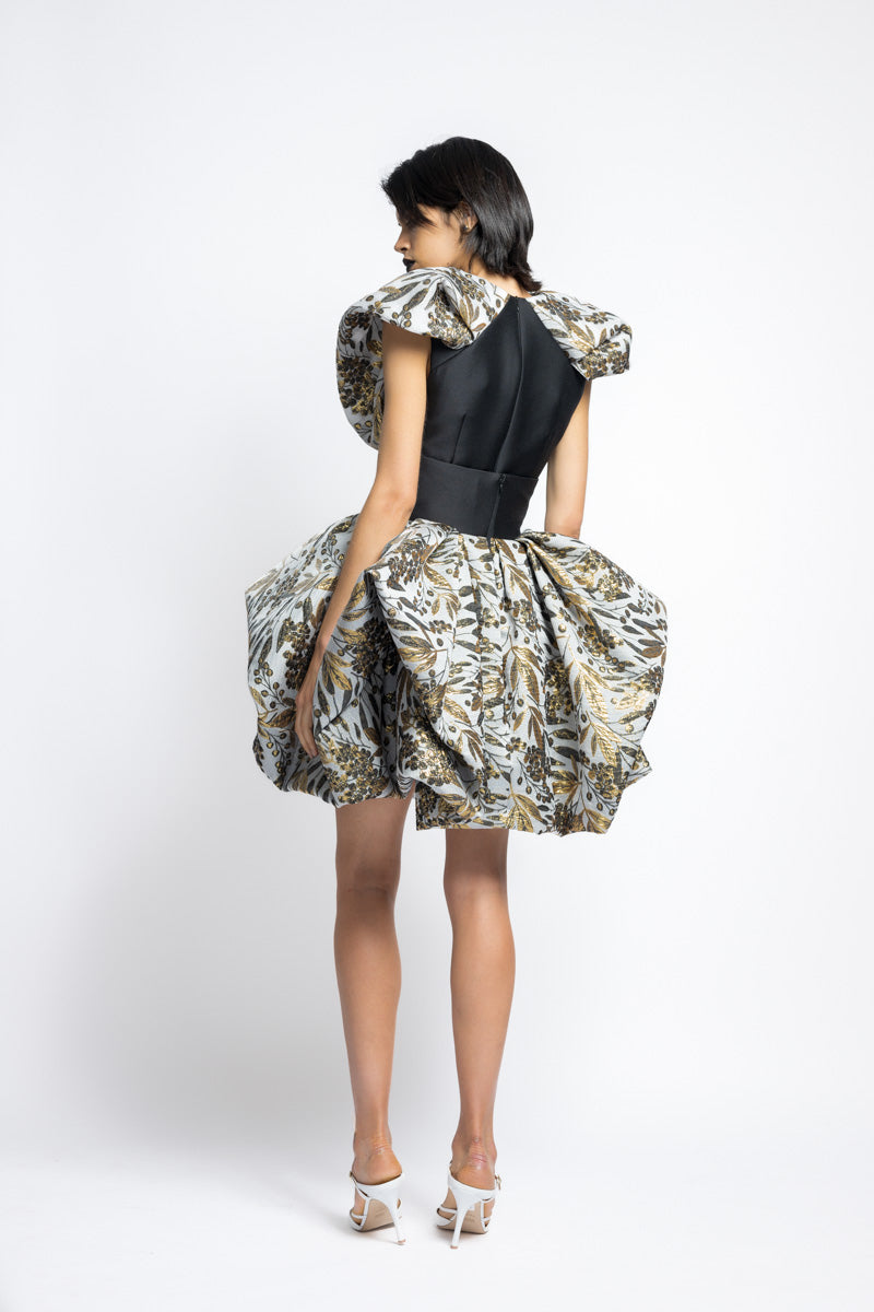 Gilded Bay Leaf Jacquard Pouf Mini Skirt With Corset Waist 5