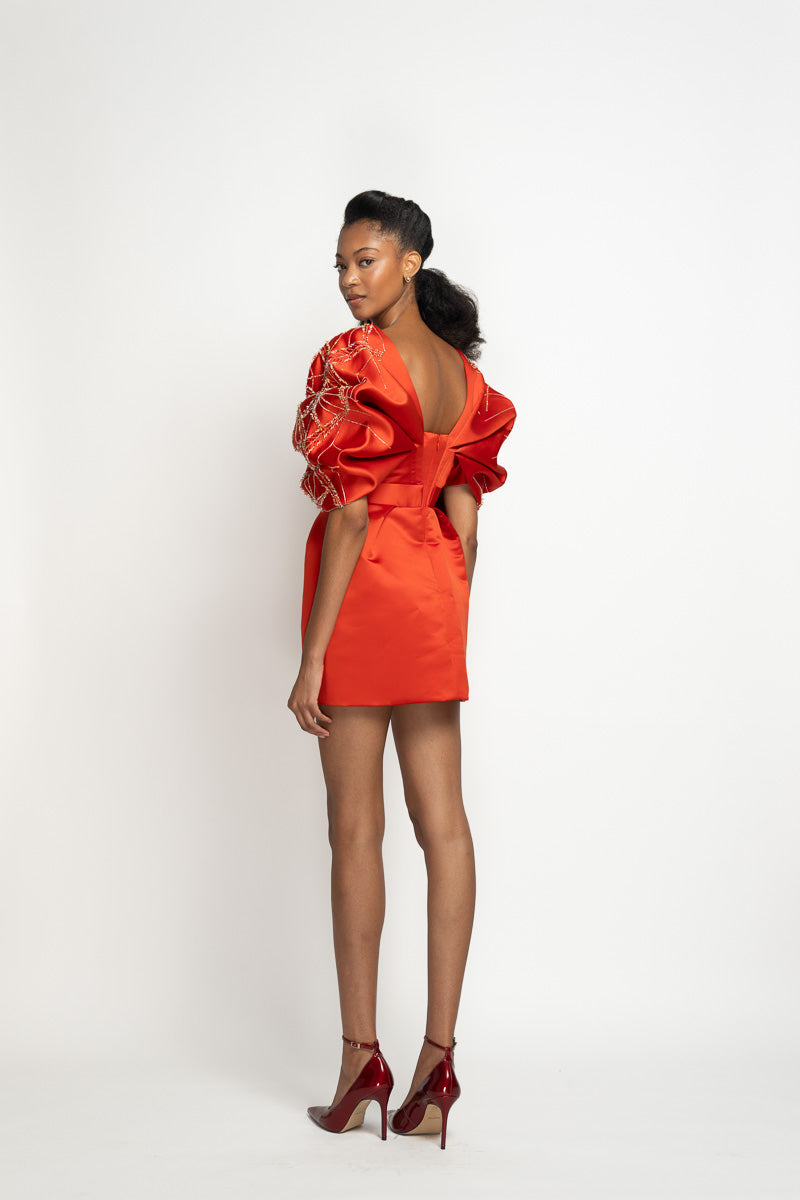 Sindoor Double Face Duchess Satin Mini Dress with Sitara Embroidery and Moulded Sleeves 4