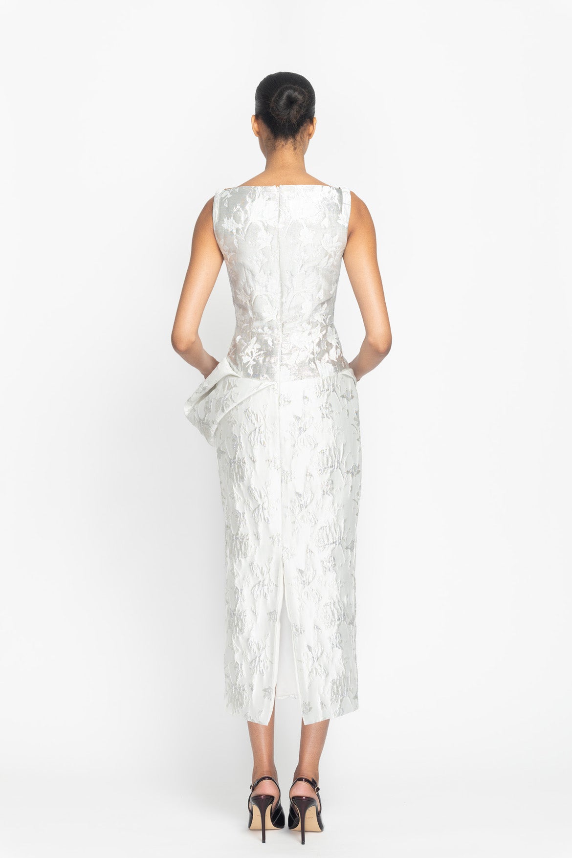 Whisper Bloom Jacquard Arched Neck Dress with Moulded Hip Drape Back