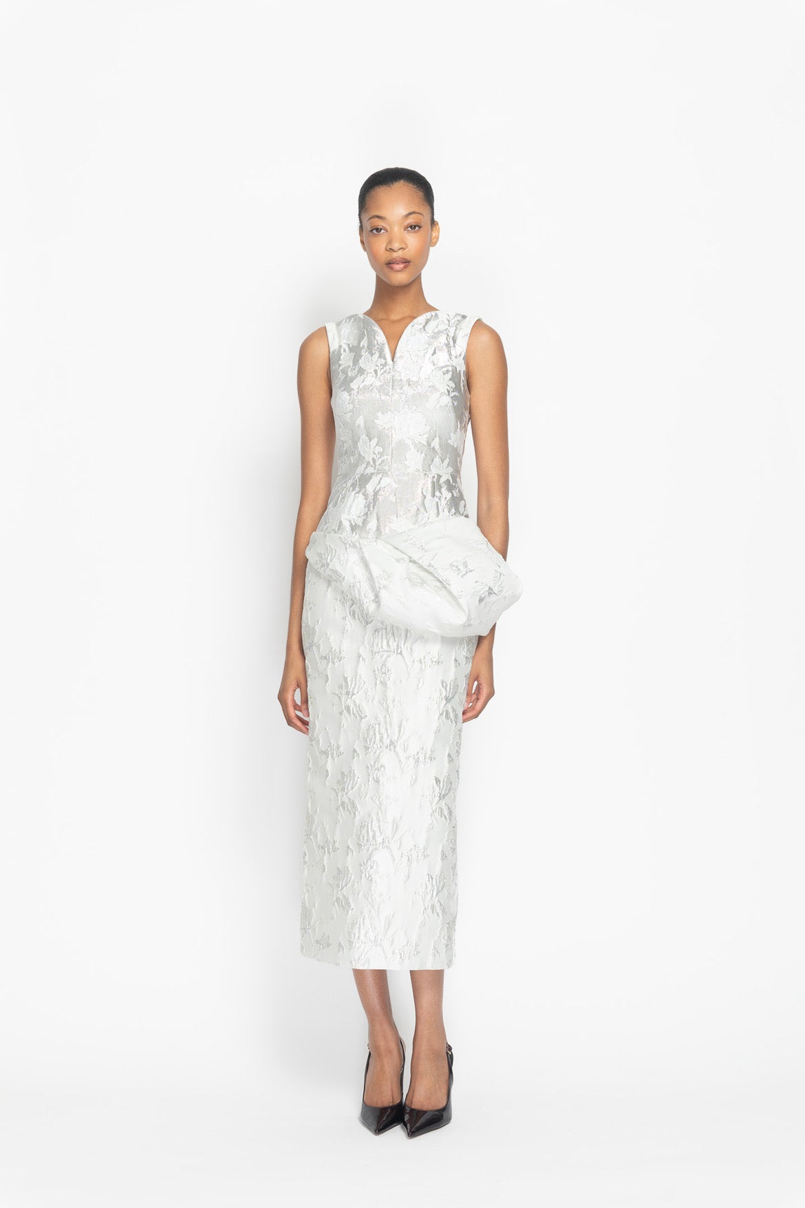 Whisper Bloom Jacquard Arched Neck Dress with Moulded Hip Drape Front
