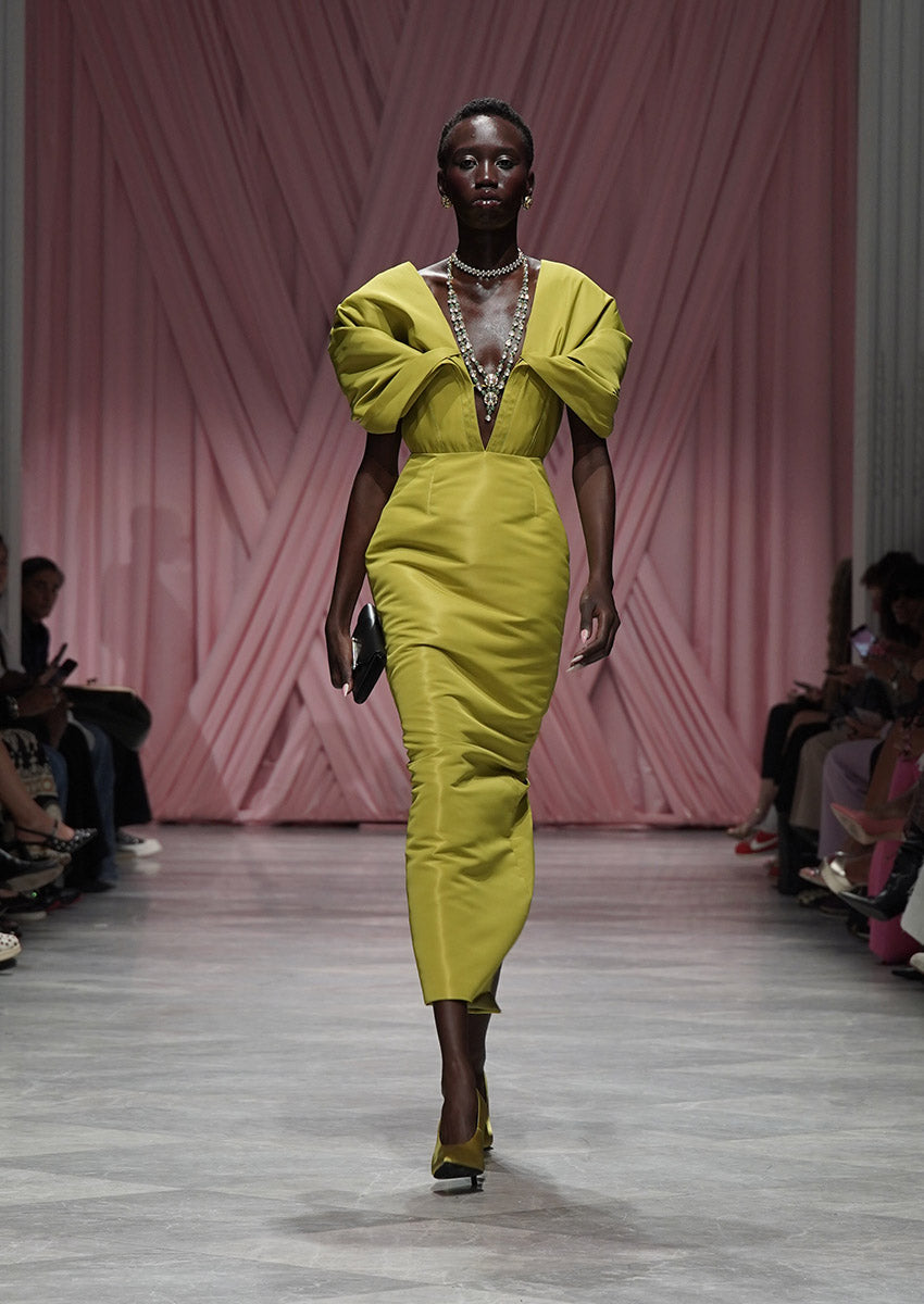 Chartreuse Faille Sheath Dress with Moulded Sleeves 1