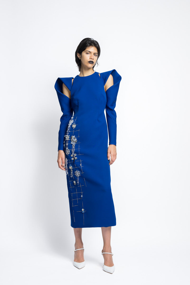 Cady Sheath Cocktail Dress With Morning Glory Lattice Embroidery And Draped Sleeves 3