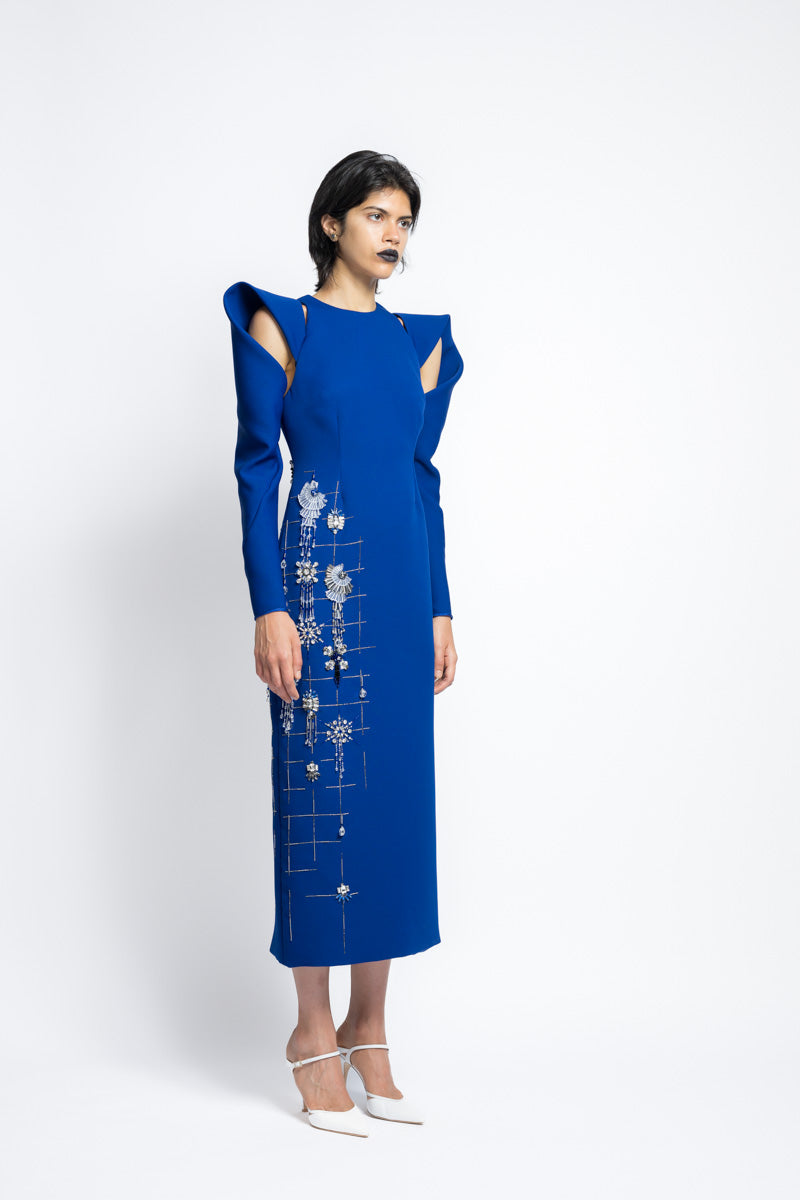 Cady Sheath Cocktail Dress With Morning Glory Lattice Embroidery And Draped Sleeves 4