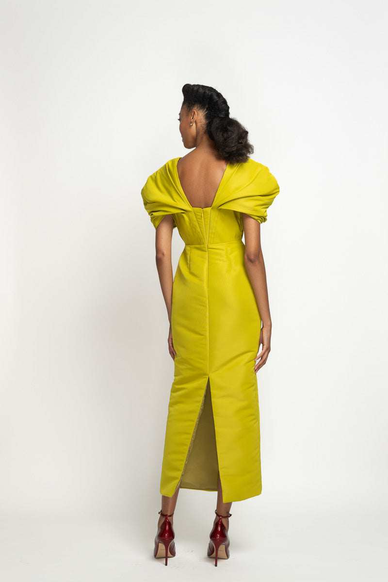 Chartreuse Faille Sheath Dress with Moulded Sleeves 5