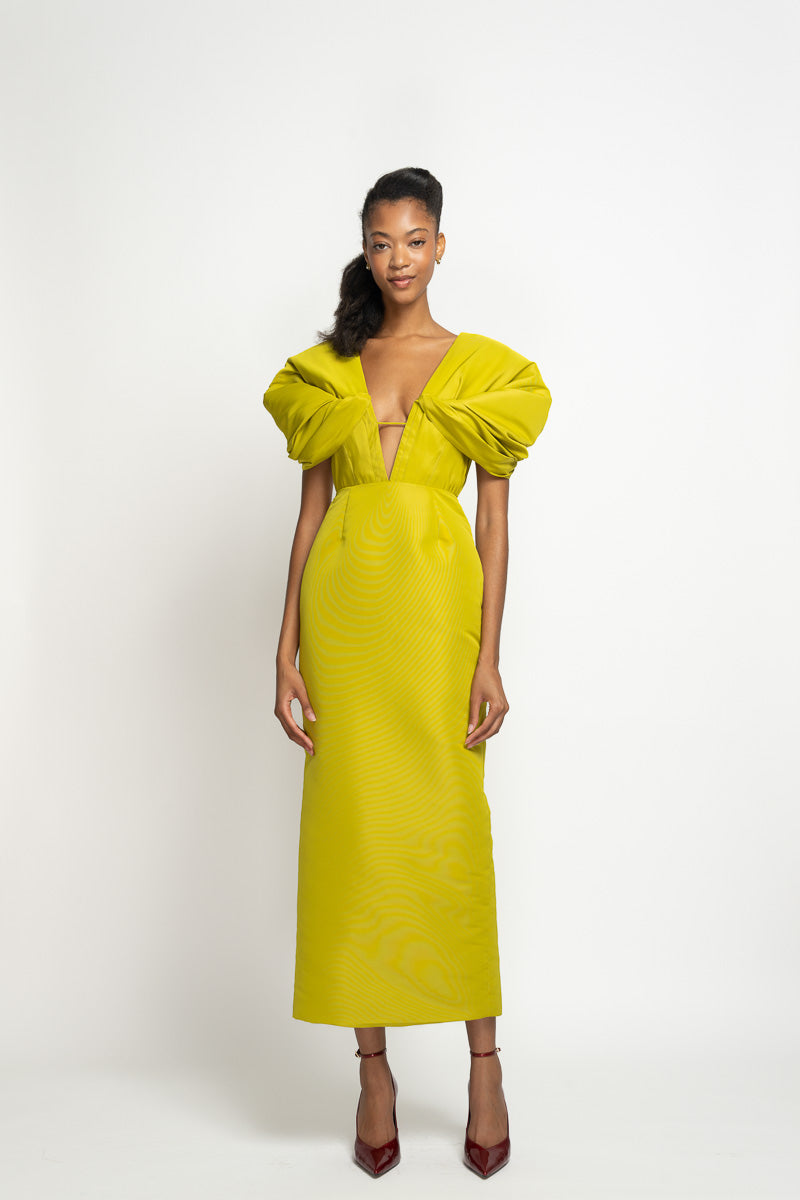 Chartreuse Faille Sheath Dress with Moulded Sleeves 2