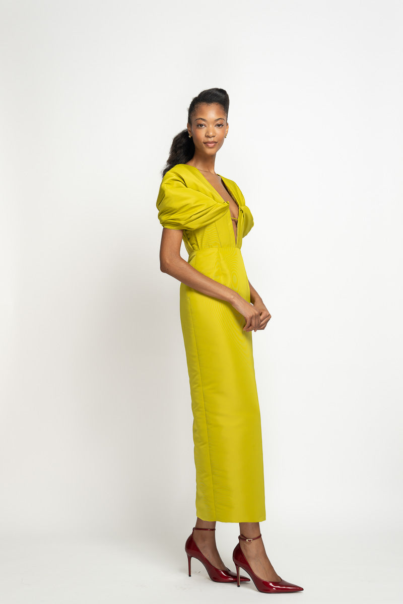 Chartreuse Faille Sheath Dress with Moulded Sleeves 3