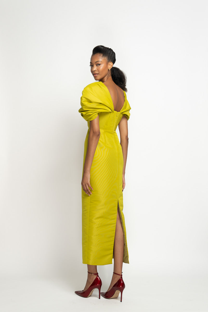 Chartreuse Faille Sheath Dress with Moulded Sleeves 4