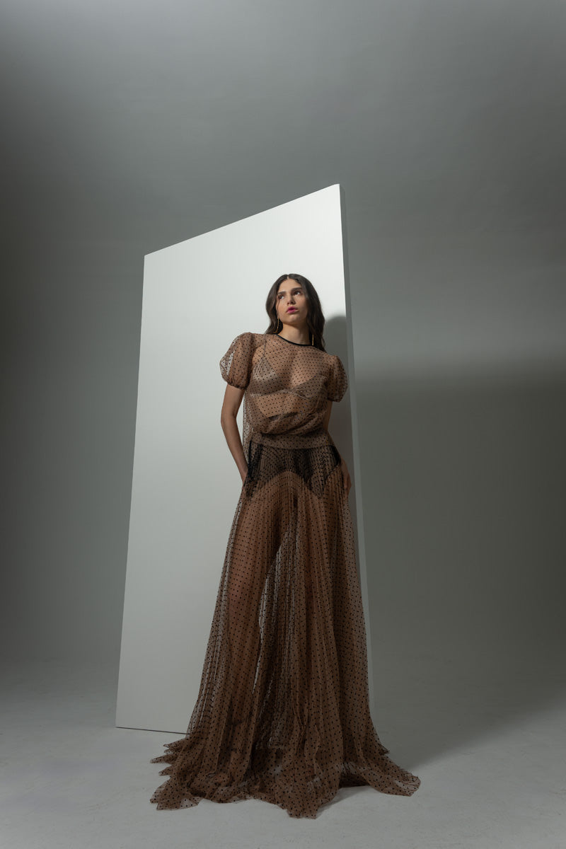 Toffee and Onyx Point d’Esprit Sheer Maxi Skirt Front Runway