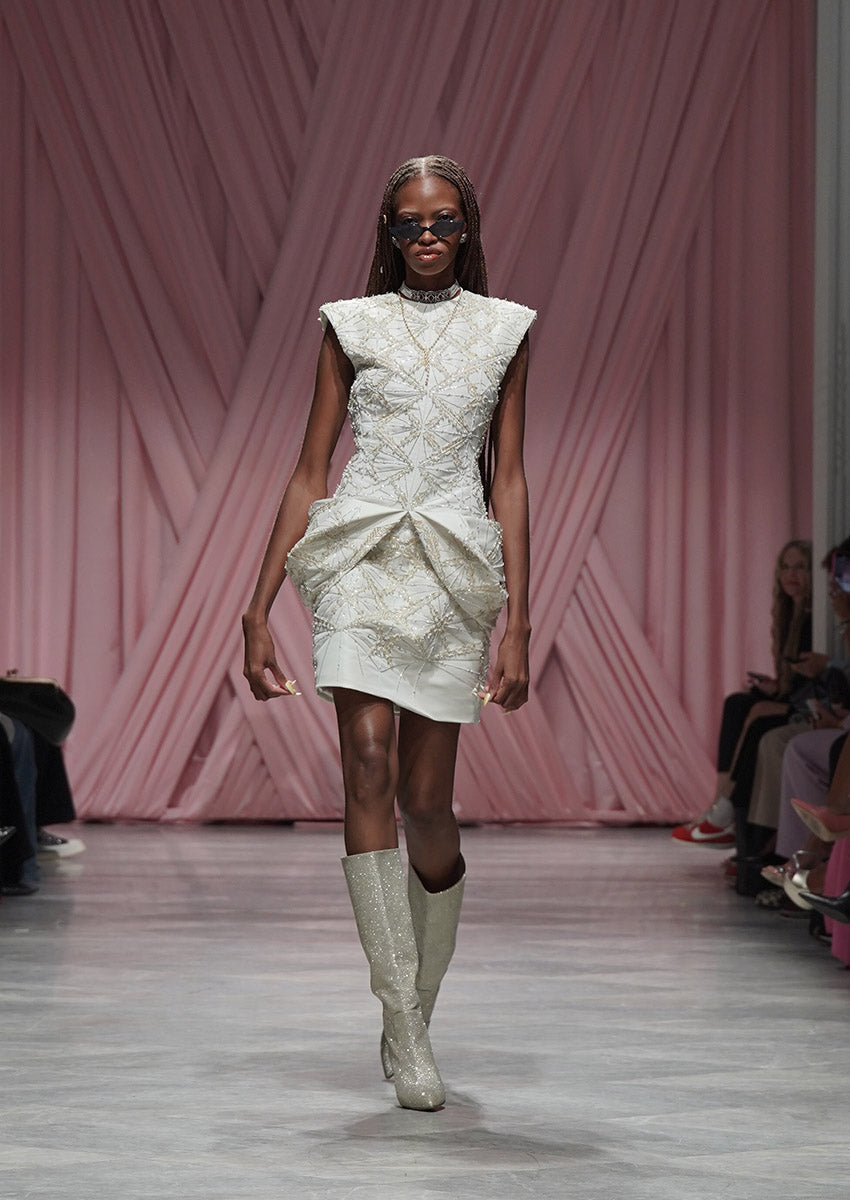 SItara Embroidered Ivory Faille Mini Dress with Moulded Peplum 1