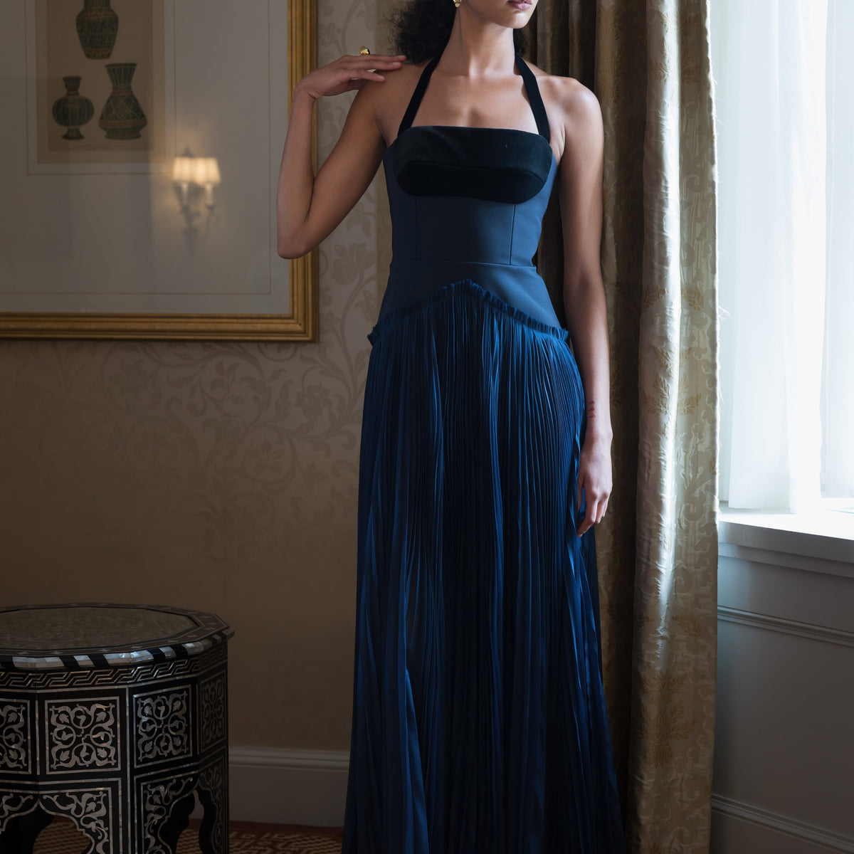 Cady And Velvet Gown With Silk Chiffon Pleated Skirt Cady And Velvet Gown With Silk Chiffon Pleated Skirt