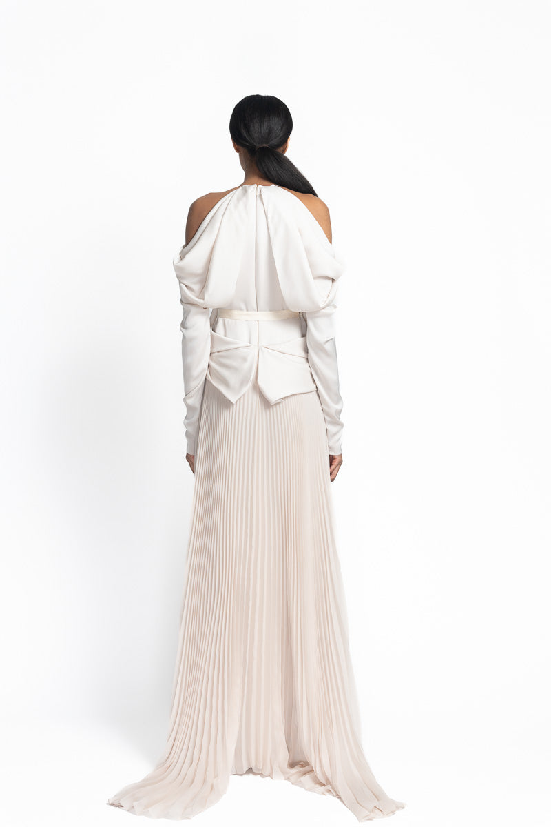 Light Sand Satin and Sheer Crepe Gown with Pleated Train Back