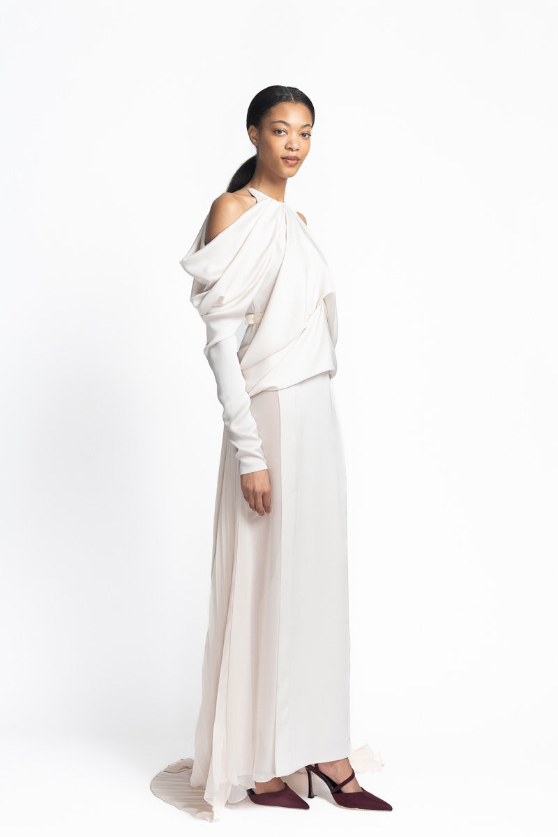 Light Sand Satin and Sheer Crepe Gown with Pleated Train Side One