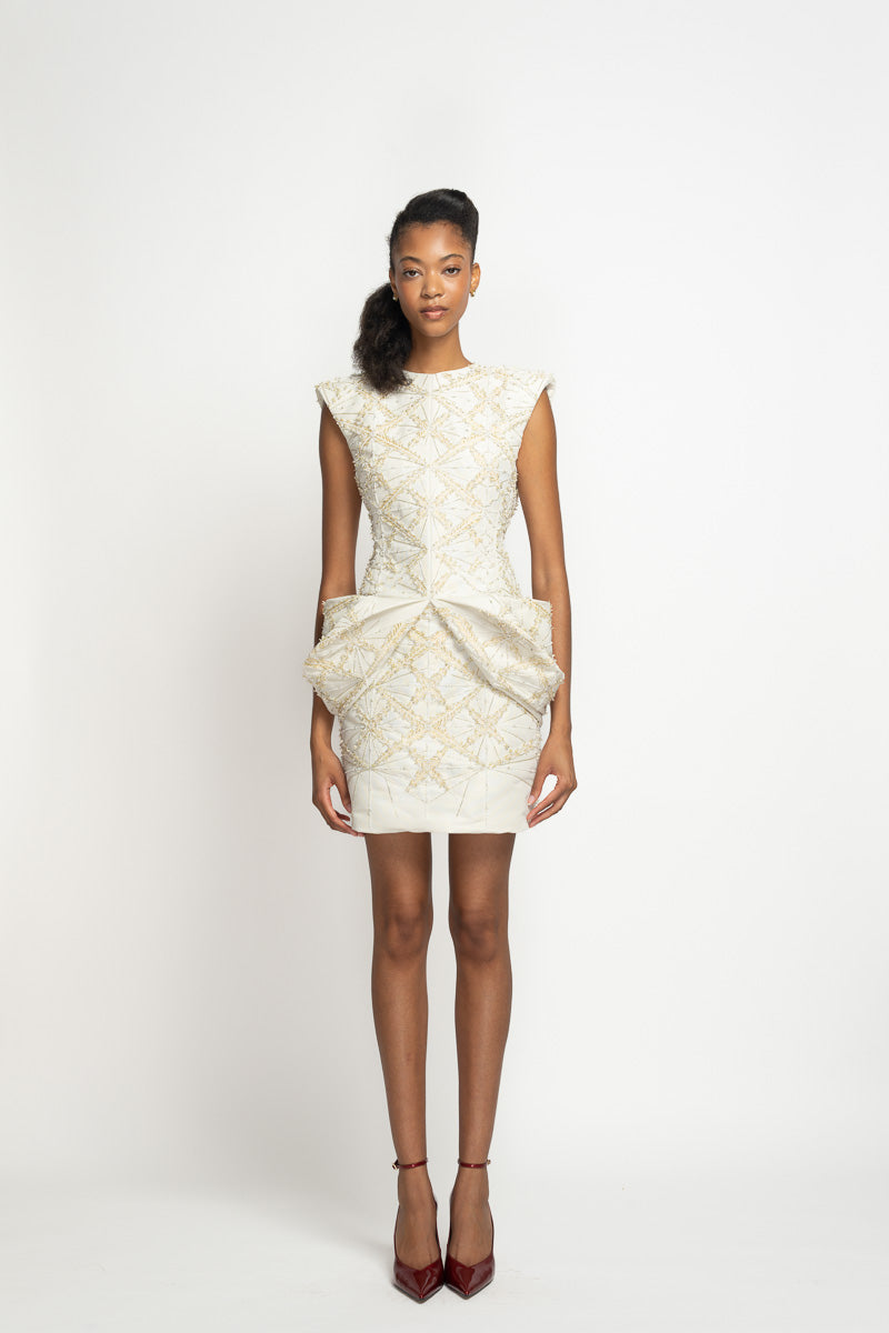 SItara Embroidered Ivory Faille Mini Dress with Moulded Peplum 2