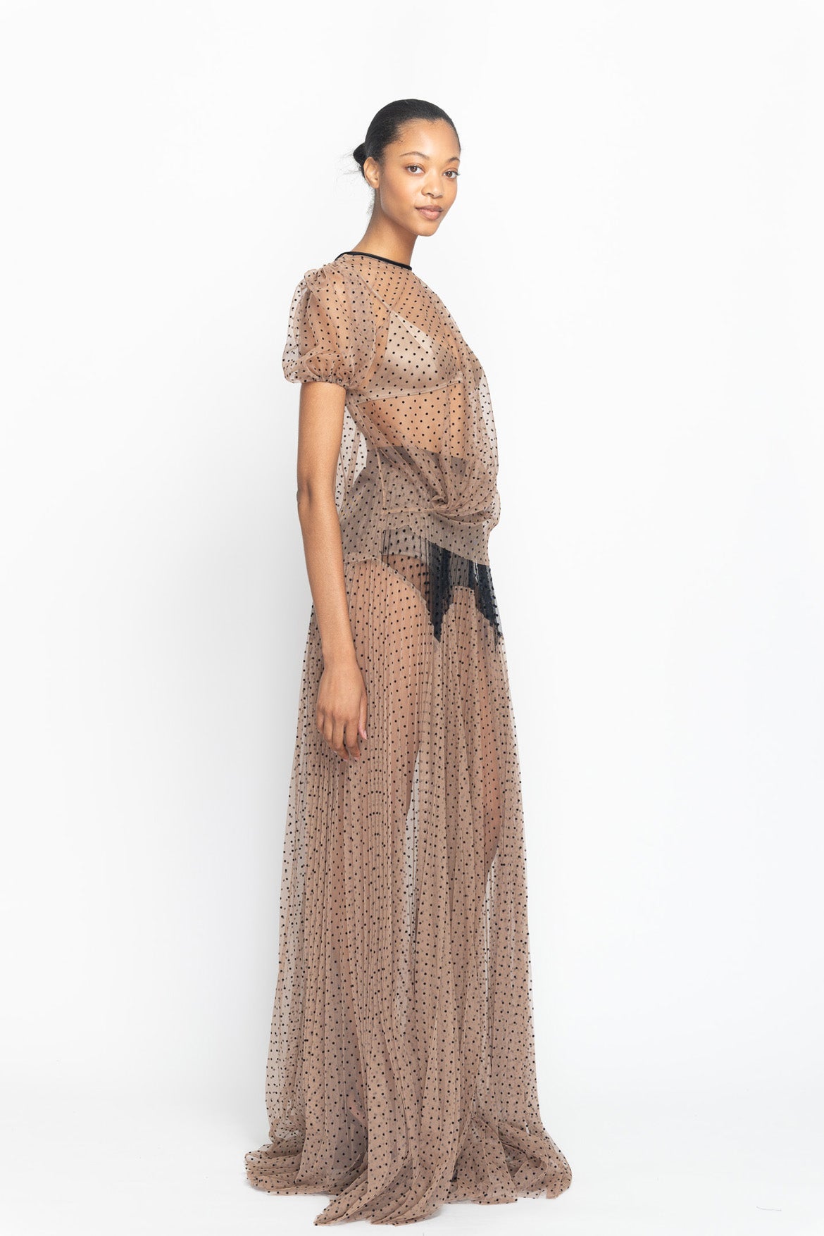Toffee and Onyx Point d’Esprit Sheer Maxi Skirt Side One