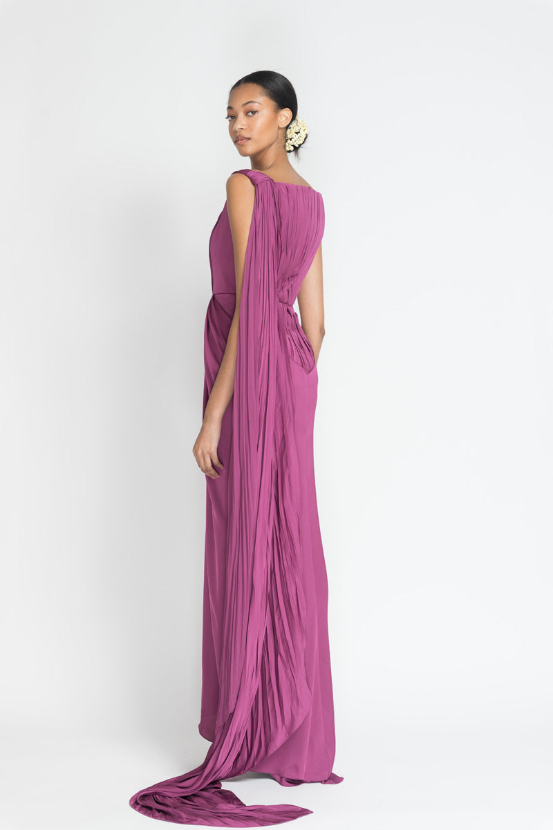 Berry Satin Crepe Sari Dress With Hand Pleating Cape 4