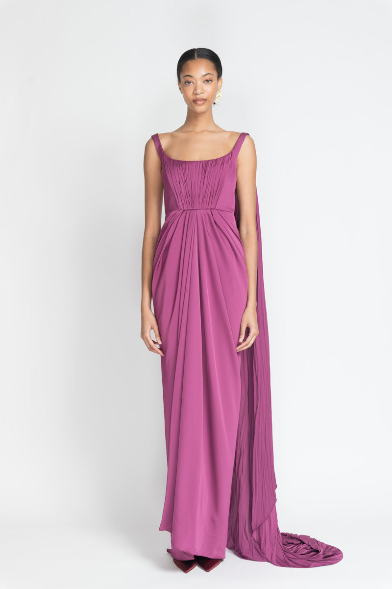 Berry Satin Crepe Sari Dress With Hand Pleating Cape 2