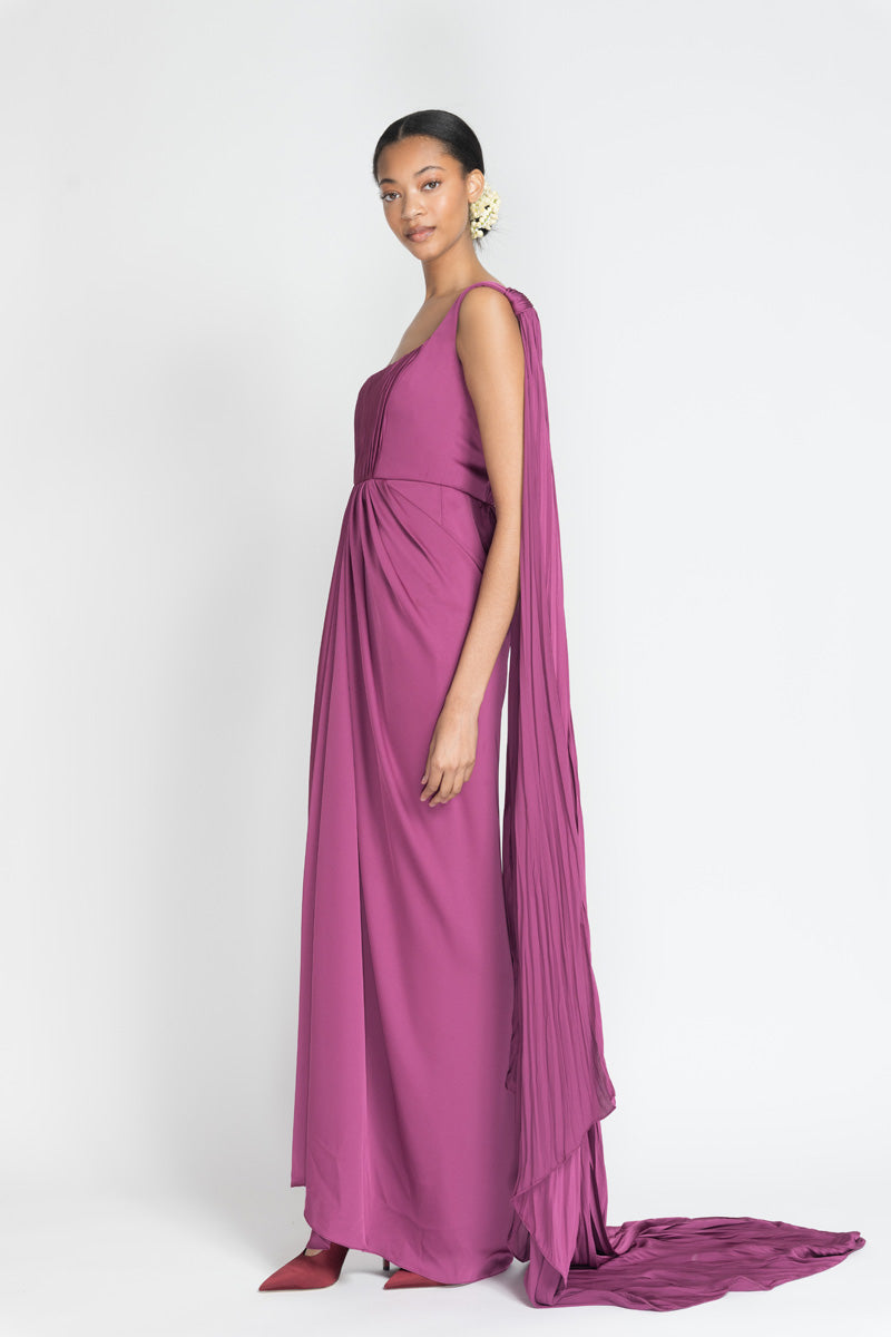 Berry Satin Crepe Sari Dress With Hand Pleating Cape 3