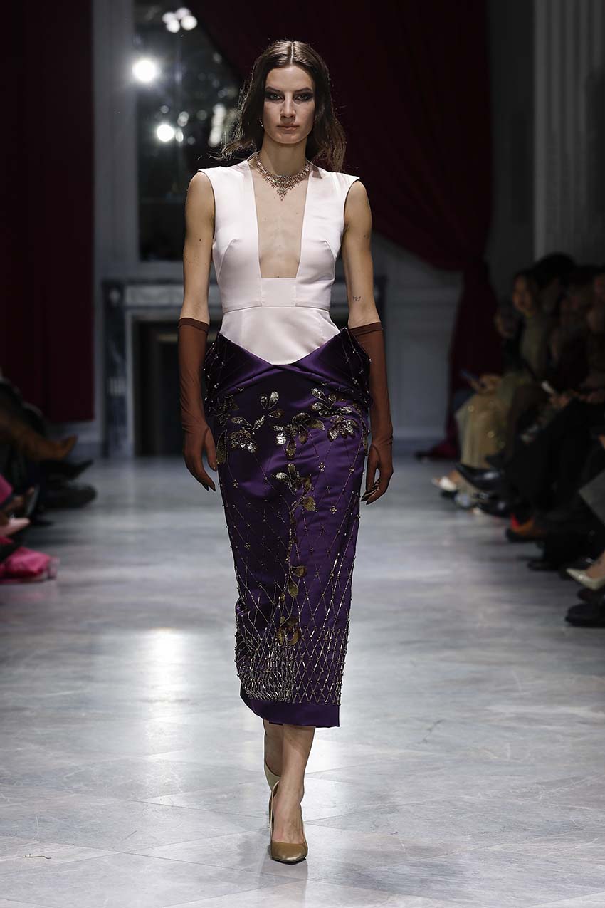 Rose and Amethyst Double Duchess Satin Dress with Noor-Jaal Embroidery Front Runway