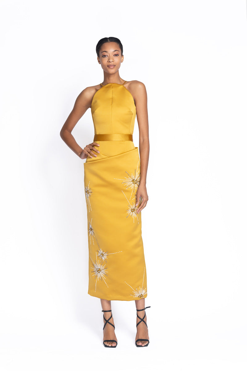 Solares Embroidered Marigold Double Duchess Column Skirt 2