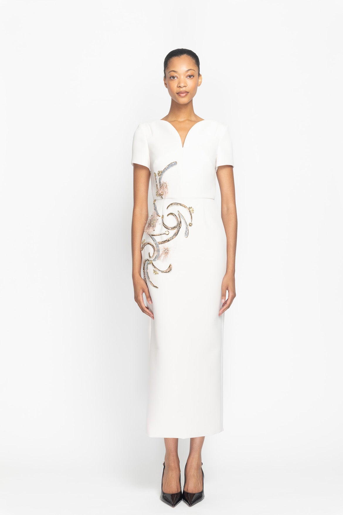 Stone Cady Crystal Radicle Embroidered Arched Neck Dress Front