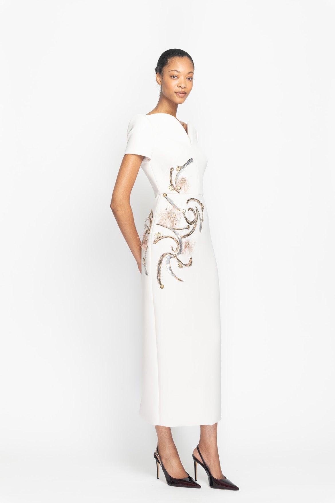 Stone Cady Crystal Radicle Embroidered Arched Neck Dress Side One