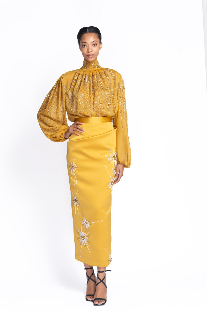 Tuscan Embroidered Marigold Sheer Crepe Blouse 2