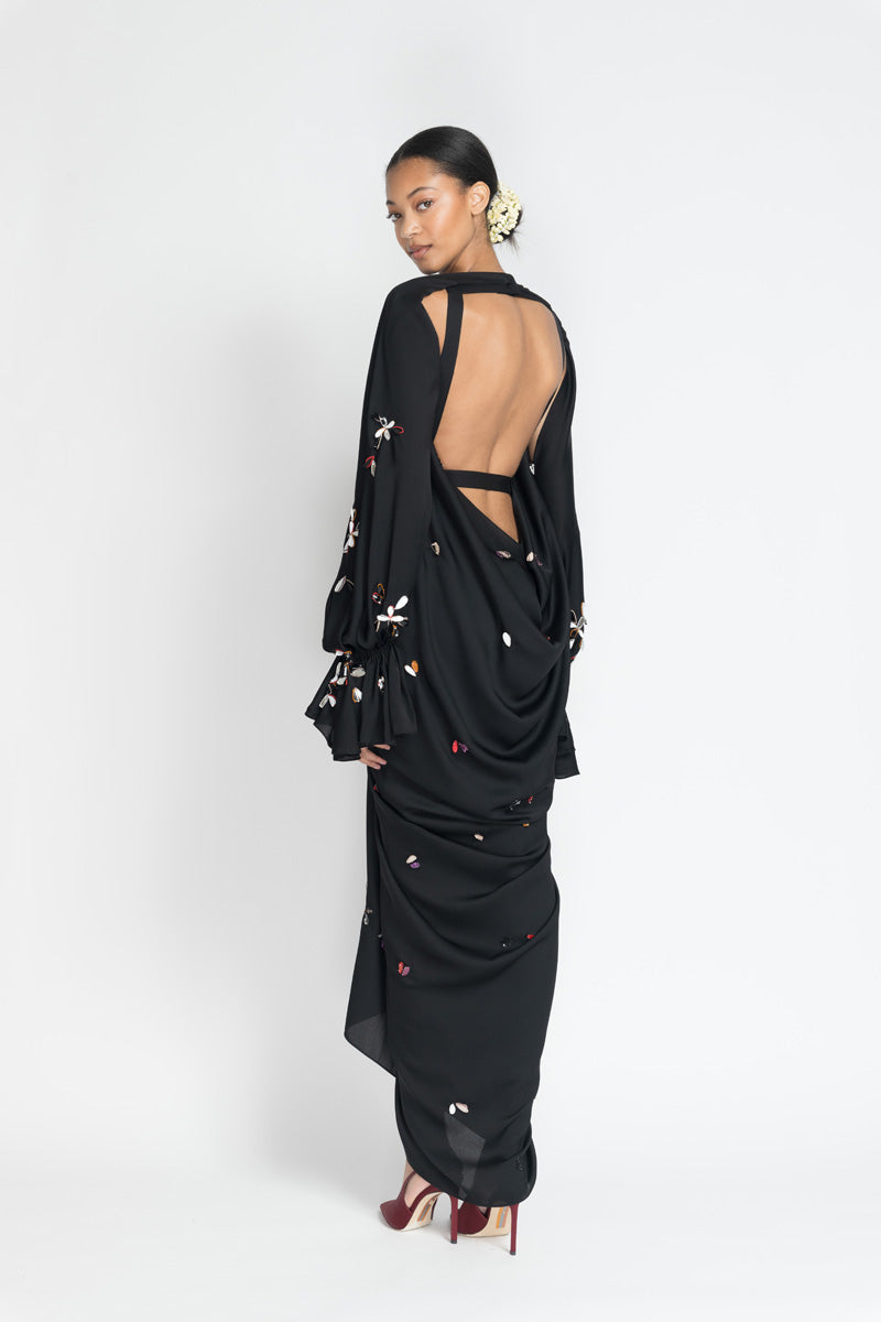 Black Satin Crepe Palazzo Dress With Petal Embroidery 4